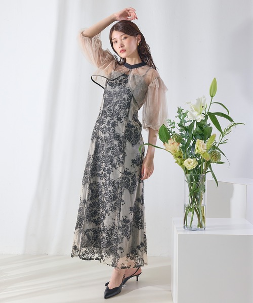 Kana(カナ)の「花柄マーメイドバルーン袖ボレロワンピースドレス パーティー 結婚式 お呼ばれ オケージョン(ドレス・レディース・ブラウン/ブラック/チャコールグレー・M)」の10枚目の写真