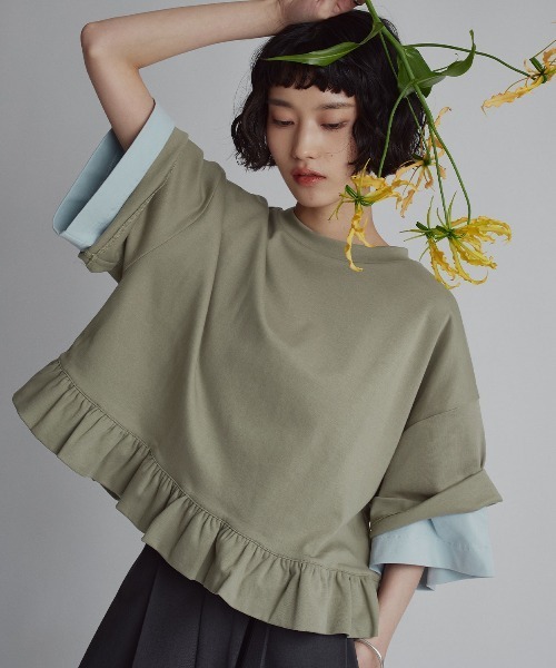 W:Huku(フーク)の「【新色追加】【W:Huku / シルキータッチコットン】ハーフスリーブ フリル ショート Tシャツ / Cotton Half-Sleeve Ruffle T-Shirt(Tシャツ/カットソー・レディース・オフホワイト/ブルー/グリーン系その他/ブラック・FREE)」の3枚目の写真