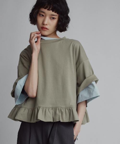 W:Huku(フーク)の「【新色追加】【W:Huku / シルキータッチコットン】ハーフスリーブ フリル ショート Tシャツ / Cotton Half-Sleeve Ruffle T-Shirt(Tシャツ/カットソー・レディース・オフホワイト/ブルー/グリーン系その他/ブラック・FREE)」の5枚目の写真