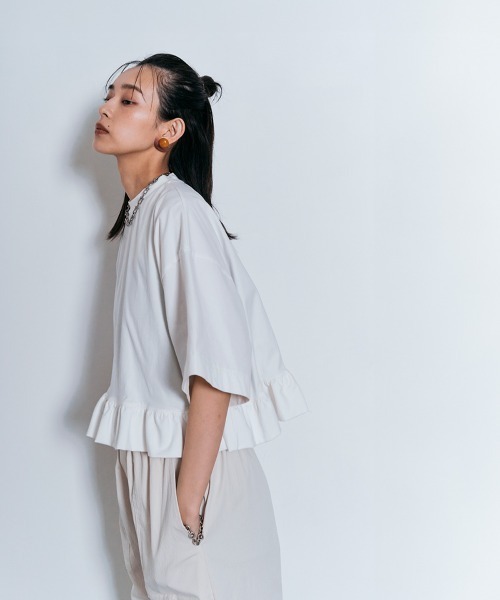 W:Huku(フーク)の「【新色追加】【W:Huku / シルキータッチコットン】ハーフスリーブ フリル ショート Tシャツ / Cotton Half-Sleeve Ruffle T-Shirt(Tシャツ/カットソー・レディース・オフホワイト/ブルー/グリーン系その他/ブラック・FREE)」の18枚目の写真