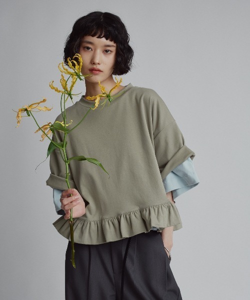W:Huku(フーク)の「【新色追加】【W:Huku / シルキータッチコットン】ハーフスリーブ フリル ショート Tシャツ / Cotton Half-Sleeve Ruffle T-Shirt(Tシャツ/カットソー・レディース・オフホワイト/ブルー/グリーン系その他/ブラック・FREE)」の21枚目の写真