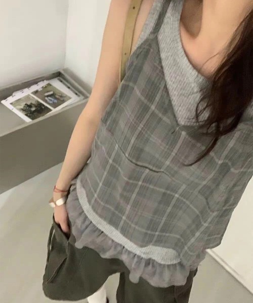 LYEON(リヨン)の「裾フリルタンク×チェックキャミレイヤード2点セット(タンクトップ・レディース・オレンジ/ブルー/グレー・FREE)」の8枚目の写真