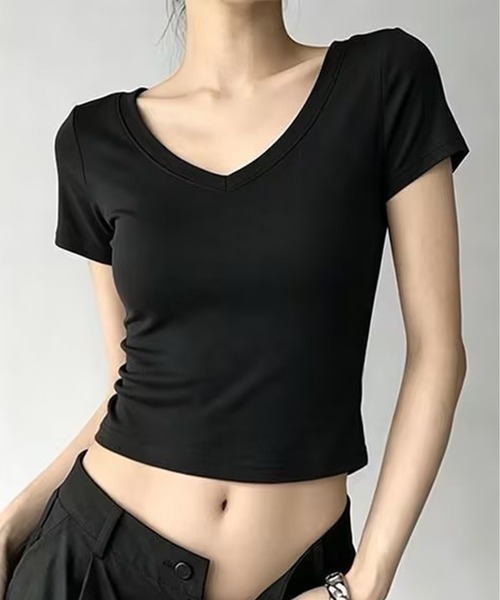 AsheKsha（アシクシャ）の「Vネック半袖Tシャツ（Tシャツ/カットソー・レディース・グレー/ホワイト/ブラック・M）」の2枚目の写真