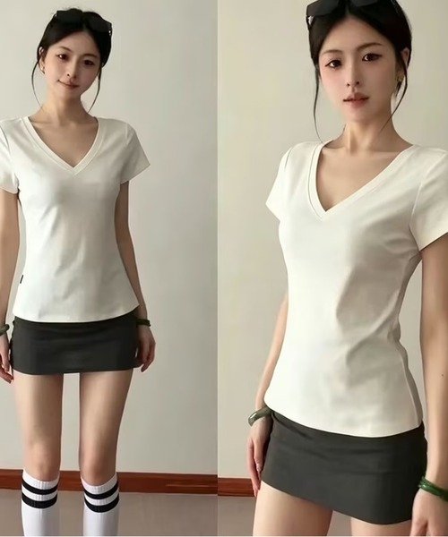 AsheKsha（アシクシャ）の「Vネック半袖Tシャツ（Tシャツ/カットソー・レディース・グレー/ホワイト/ブラック・M）」の14枚目の写真