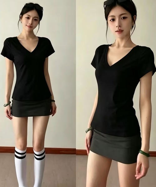AsheKsha（アシクシャ）の「Vネック半袖Tシャツ（Tシャツ/カットソー・レディース・グレー/ホワイト/ブラック・M）」の16枚目の写真