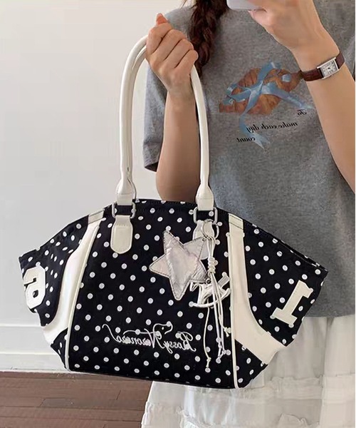LA VORAGINE(ラ ヴォラジネ)の「水玉柄 2WAY刺繍ロゴトートバッグ 大容量ショルダーバッグ カジュアル 通勤通学 チャームなし(トートバッグ・レディース・White/GRAY/Black/Yellow/イエロー系1・FREE)」の16枚目の写真