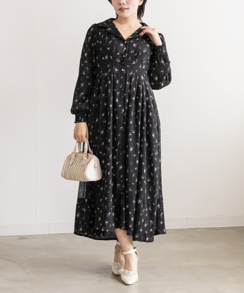 CLETTE(クレット)の「花柄オープンカラーウエストタックワンピース(ワンピース・レディース・イエロー/オフホワイト/ブラック・4L/3L/LL)」の2枚目の写真