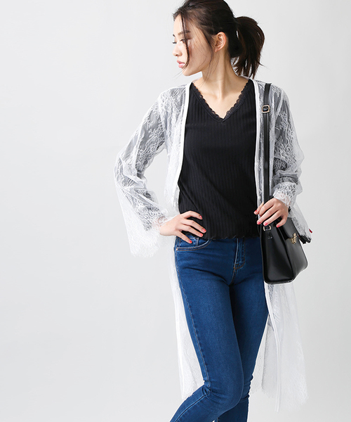 WEGO（ウィゴー）の「WEGO/レースロングカーディガン（カーディガン/ボレロ・レディース・ブラック/ホワイト・FREE）」の2枚目の写真