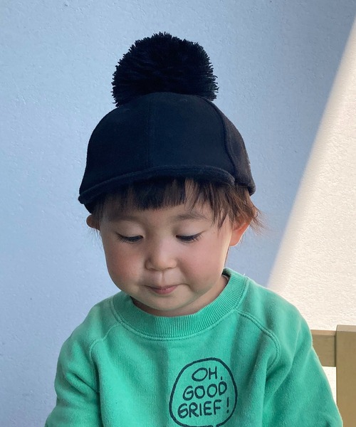 GRIN BUDDY（グリンバディ）の「【GRIN BUDDY(グリンバディ)】ポンポン付き ウールキャップ/Wool Pom Cap 2（キャップ・キッズ・ブラック/グレー/ブラウン/グリーン・52/54）」の2枚目の写真