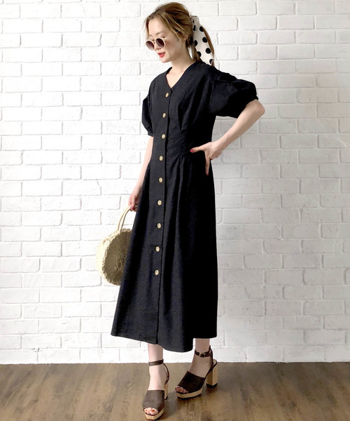 【限定item!!】綿麻ウエストタックワンピース 【限定item!!】綿麻ウエストタックワンピース