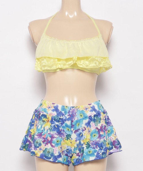 セール】花柄ショートパンツ付フリルビキニ水着3点セット（水着