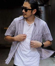 ストライプバンドカラー半袖シャツ
