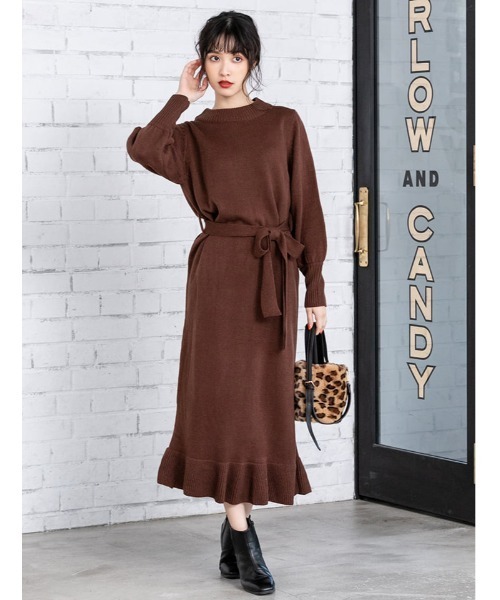 セール中！ピヌエ　リブヘムニットワンピース　ブラウン fifth（フィフス）の「ウエストリボンフリルヘムニットワンピース