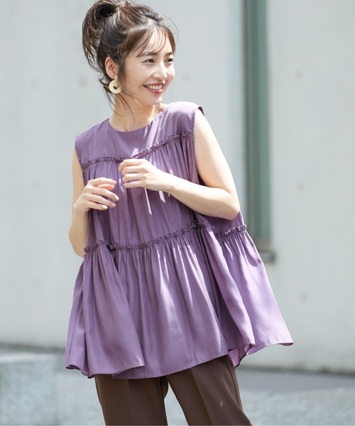 coca（coca）（コカ）の「サテンティアードトップス（シャツ/ブラウス・レディース・ブラック/パープル/ブラウン/マスタード・ONE SIZE）」の3枚目の写真