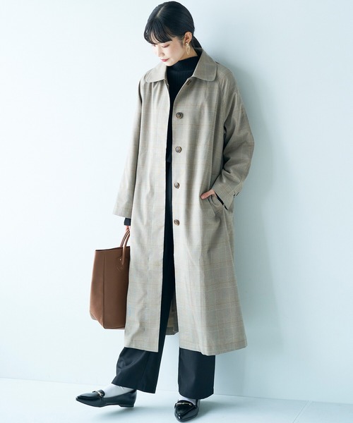 haco!（ハコ）の「カジュアルコーデも一気に大人っぽに変身させてくれる！魔法みたいにかっこいいチェックのステンカラーコート by que made me（ステンカラーコート・レディース・ブラウン系その他・SMALL/MEDIUM/LARGE/X-LARGE）」の2枚目の写真