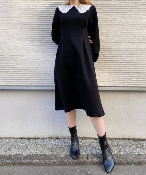 Loueme（ルエム）の「裏起毛レースビックカラースウェットマーメイドワンピース（ワンピース・レディース・ブラック/グレー・FREE）」の4枚目の写真