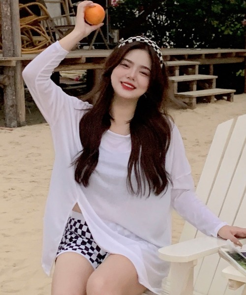 レディース水着 スリット入り長袖トップス+スポーティービキニ 3