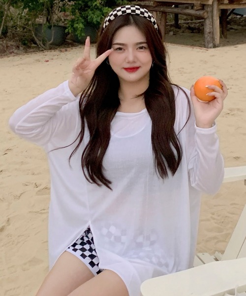 レディース水着 スリット入り長袖トップス+スポーティービキニ 3