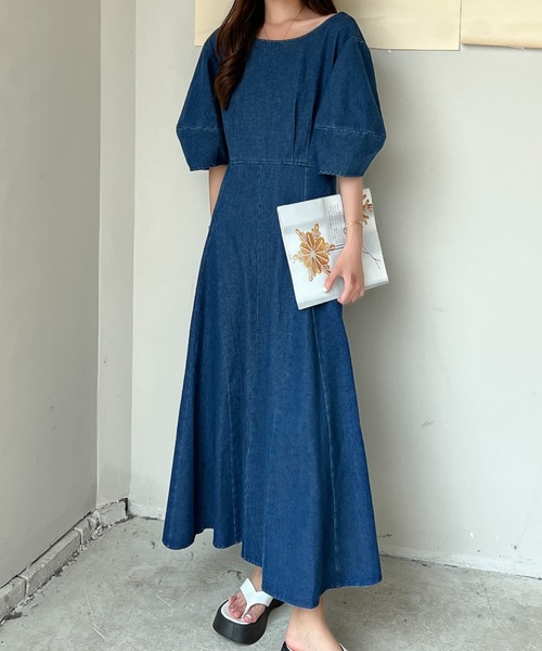 極美品✨現行タグ プラダ パフスリーブロングフレアワンピース デニム