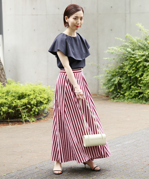 IENA ストライプ花柄フレアスカート 裏地あり 華やかパーティ美品