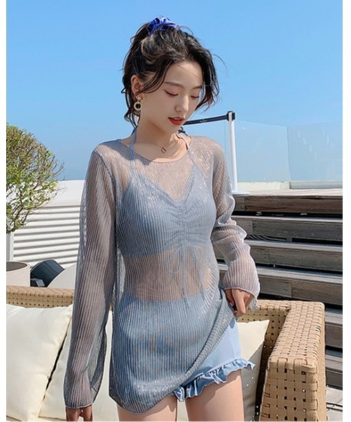 シアートップス+フリルデザインハイウエスト水着