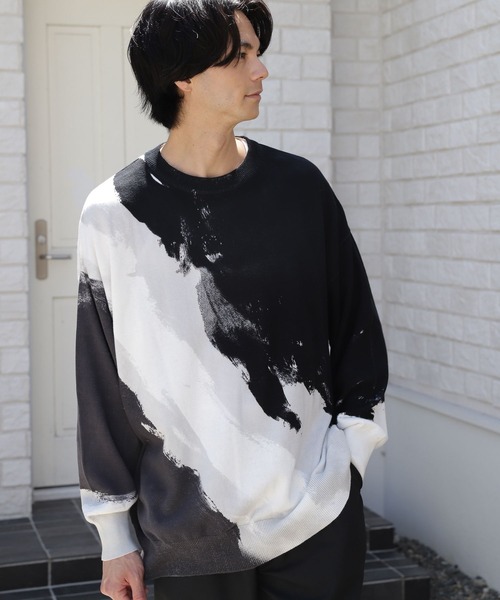 niko and...（ニコアンド）の「ペイント風ニットプルオーバー（ニット/セーター・メンズ・ブラック/オレンジ/ネイビー・MEDIUM/LARGE）」の2枚目の写真