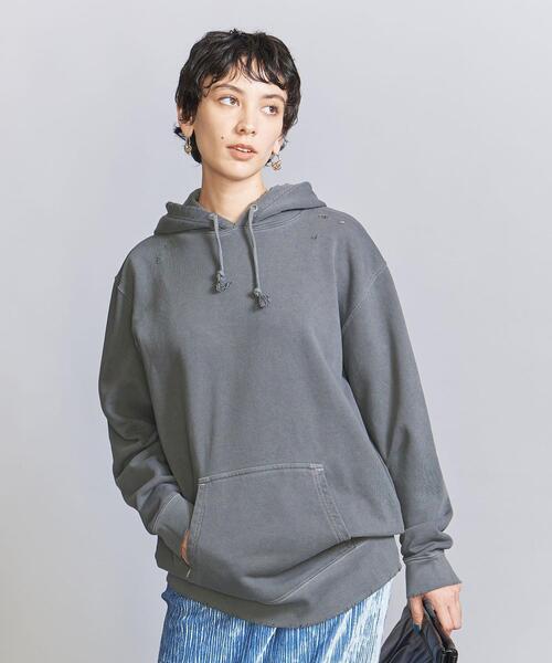 HEAR MY NAME（ヒアマイネーム）の「【別注】＜HEAR MY NAME＞ダメージスウェットフーディー（スウェット・レディース・ダークグレー/ライトピンク/ケリー・FREE）」の2枚目の写真