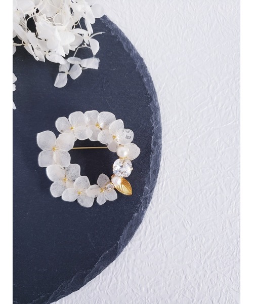 539＊紫陽花 ホワイト ブローチ 紫陽花[アナベル白]ブローチ (受注生産/オーガンジー刺繍/梅雨/夏