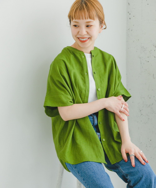 ITEMS URBANRESEARCH（アイテムズ アーバンリサーチ）の「リネンレーヨンフレンチシャツ（シャツ/ブラウス・レディース・ストライプ/ネイビー/グリーン/モカ・FREE）」の2枚目の写真