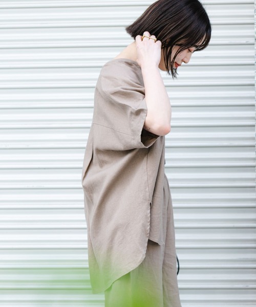 ITEMS URBANRESEARCH（アイテムズ アーバンリサーチ）の「リネンレーヨンフレンチシャツ（シャツ/ブラウス・レディース・ストライプ/ネイビー/グリーン/モカ・FREE）」の6枚目の写真