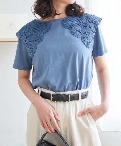 Rejoule（リジュール）の「かぎ編みセーラーカラーTシャツ（Tシャツ/カットソー・レディース・ブルー/オフホワイト/ブラック・FREE）」の12枚目の写真