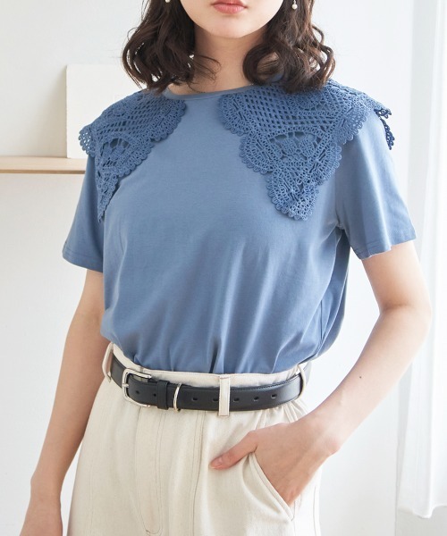 Rejoule（リジュール）の「かぎ編みセーラーカラーTシャツ（Tシャツ/カットソー・レディース・ブルー/オフホワイト/ブラック・FREE）」の10枚目の写真