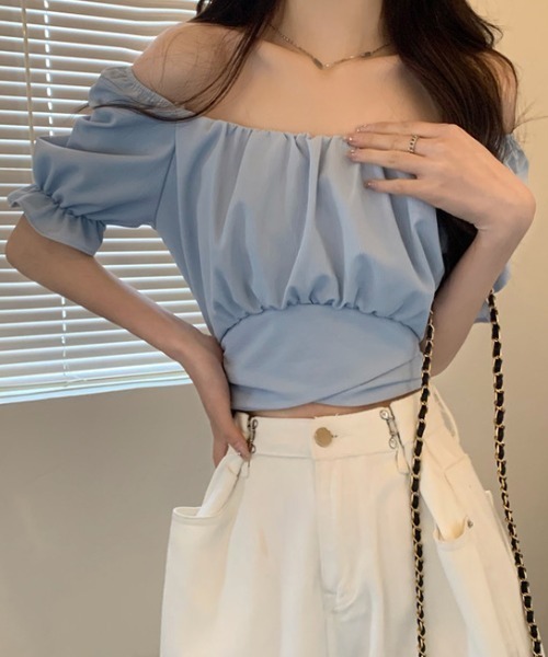 DIAVEL(ディアベル)の「【五色展開 】ボリュームスリーブバックリボンショート丈2WAY半袖トップス/短丈ブラウス(シャツ/ブラウス・レディース・サックスブルー/アイボリー/ブラック/ホワイト/ピンク・M)」の8枚目の写真