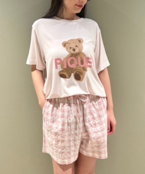 ジェラピケ　ラッピング済みベア柄ワンポイントＴシャツ＆ギンガムチェックショーパン ONLINE限定】【接触冷感】ベアワンポイントTシャツ&ストライプ