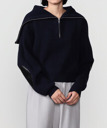 INSCRIRE ハーフジップ ニット ドライバーズニット レザー ネイビー INSCRIRE ハーフジップ ニット ドライバーズニット レザー ネイビー