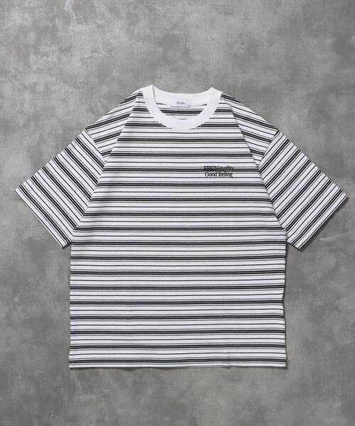 FFEIN(フェイン)の「*新色追加【FFEIN(フェイン)】 ロゴ刺繍マルチボーダー半袖Tシャツ / リンガー 配色 マルチボーダー 刺繍 ブランドロゴ(Tシャツ/カットソー・メンズ・ネイビー/ブラック/グレー/ブラウン/ホワイト・LARGE/SMALL/MEDIUM/X-SMALL)」の2枚目の写真