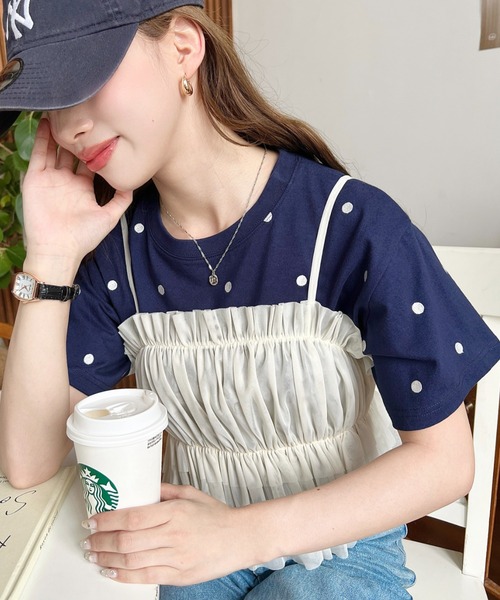 moment+(モーメントプラス)の「ハート刺繍半袖Tシャツ(Tシャツ/カットソー・レディース・オフホワイト/グレー/チャコールグレー/グレー系その他/ホワイト系その他/オートミール/ネイビー/ブルー系その他/ブラック/ピンク・M/L)」の9枚目の写真