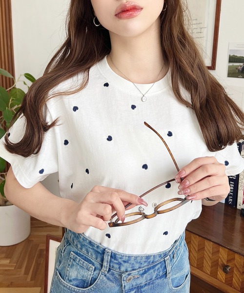 セール】ハート刺繍半袖Tシャツ（Tシャツ/カットソー）｜moment+