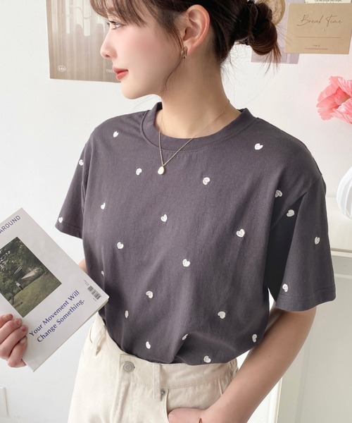 セール】ハート刺繍半袖Tシャツ（Tシャツ/カットソー）｜moment+