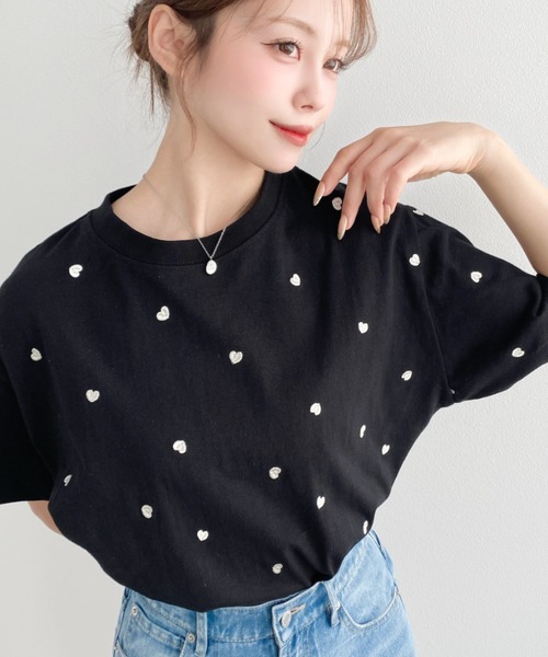 セール】ハート刺繍半袖Tシャツ（Tシャツ/カットソー）｜moment+