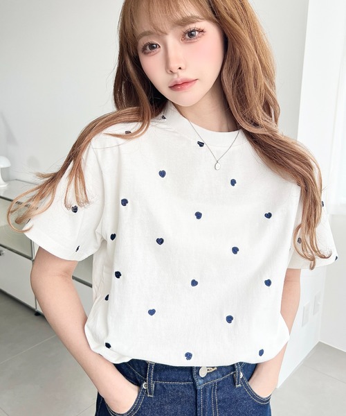 セール】ハート刺繍半袖Tシャツ（Tシャツ/カットソー）｜moment+