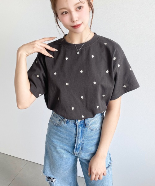 セール】ハート刺繍半袖Tシャツ（Tシャツ/カットソー）｜moment+