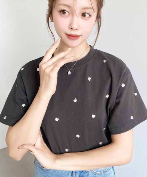 セール】ハート刺繍半袖Tシャツ（Tシャツ/カットソー）｜moment+