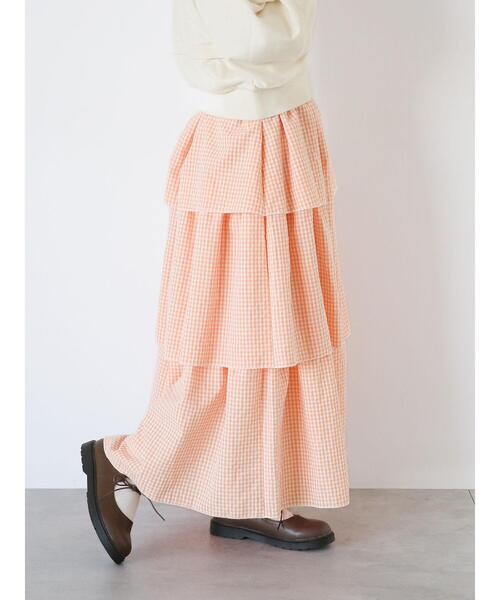 ehka sopo（エヘカソポ）の「ギンガムティアードスカート(セットアップ可)（スカート・レディース・ブラック/オレンジ/ベージュ/グリーン・F）」の4枚目の写真