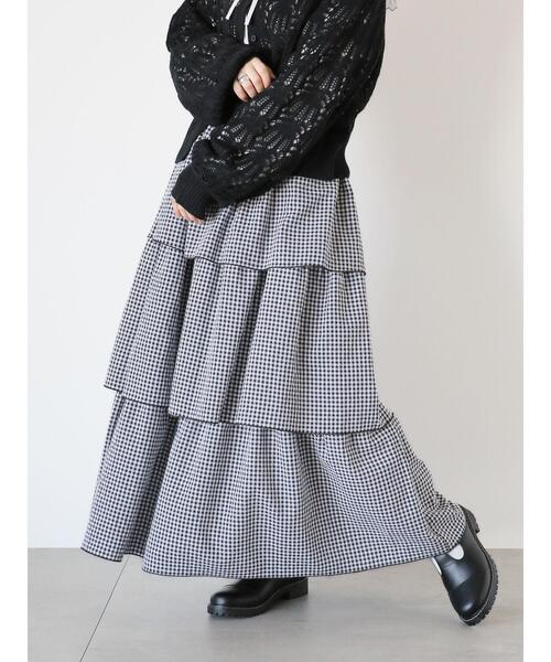 ehka sopo（エヘカソポ）の「ギンガムティアードスカート(セットアップ可)（スカート・レディース・ブラック/オレンジ/ベージュ/グリーン・F）」の2枚目の写真