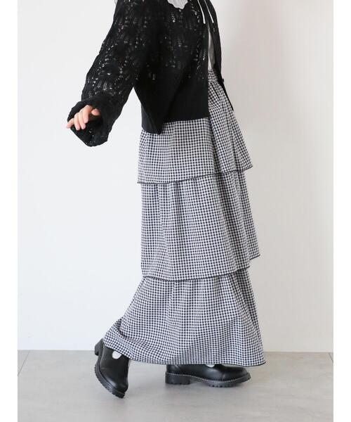 ehka sopo（エヘカソポ）の「ギンガムティアードスカート(セットアップ可)（スカート・レディース・ブラック/オレンジ/ベージュ/グリーン・F）」の6枚目の写真