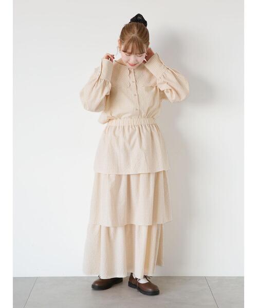 ehka sopo（エヘカソポ）の「ギンガムティアードスカート(セットアップ可)（スカート・レディース・ブラック/オレンジ/ベージュ/グリーン・F）」の8枚目の写真
