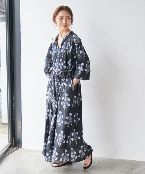ヌキテパ ワンピース 今期 Cotton Jacquard Lily Print Shirring Dress | Pasand by ne