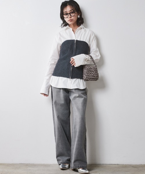 CHIC STYLE(シックスタイル)の「 ワイドカフスシャツ <大きいサイズ有>シックスタイル (シャツ/ブラウス・レディース・オフホワイト/ブルー系・M/L/LL/3L/4L/5L)」の7枚目の写真