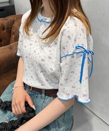 小花柄ワッフルリボンTシャツ/サーマルTシャツ